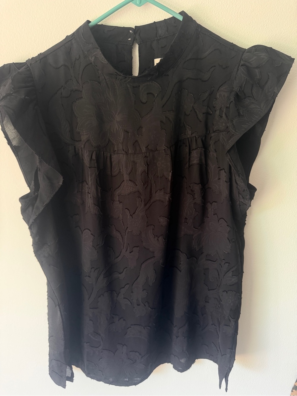 LOFT Black Floral Jacquard Ruffle Sleeve Blouse